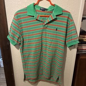 Polo by Ralph Lauren Men's Med Green Red Striped Shirt 100% Cotton Short Sleeve